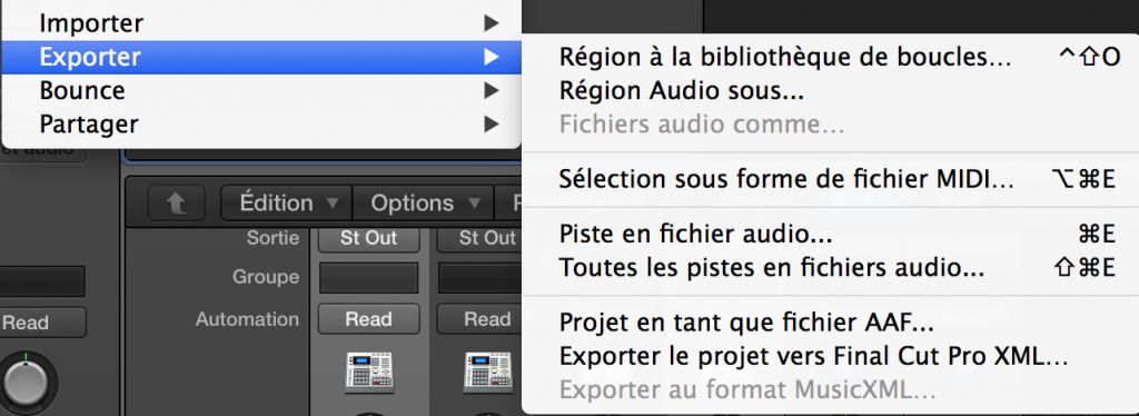 L'export des instruments multi sorties est désormais beaucoup plus simple dans Logic pro X 10.0.7. Les sorties séparées peuvent être exportées comme fichiers audio indépendants via le menu Exporter.